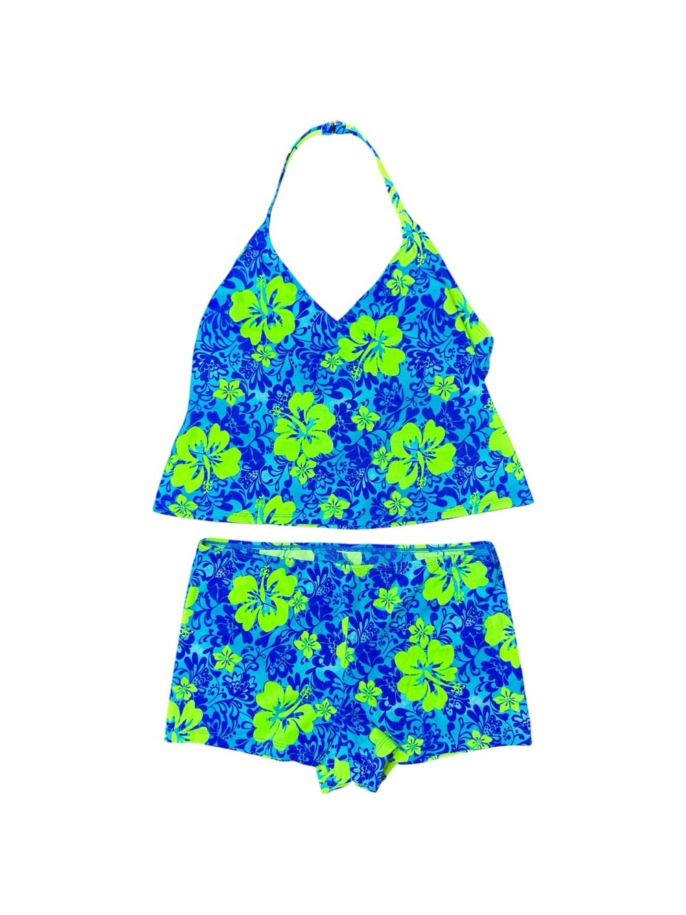 Y2K Catalina Blue & Lime Green Hibiscus Floral Tankini Swim Set Size Large